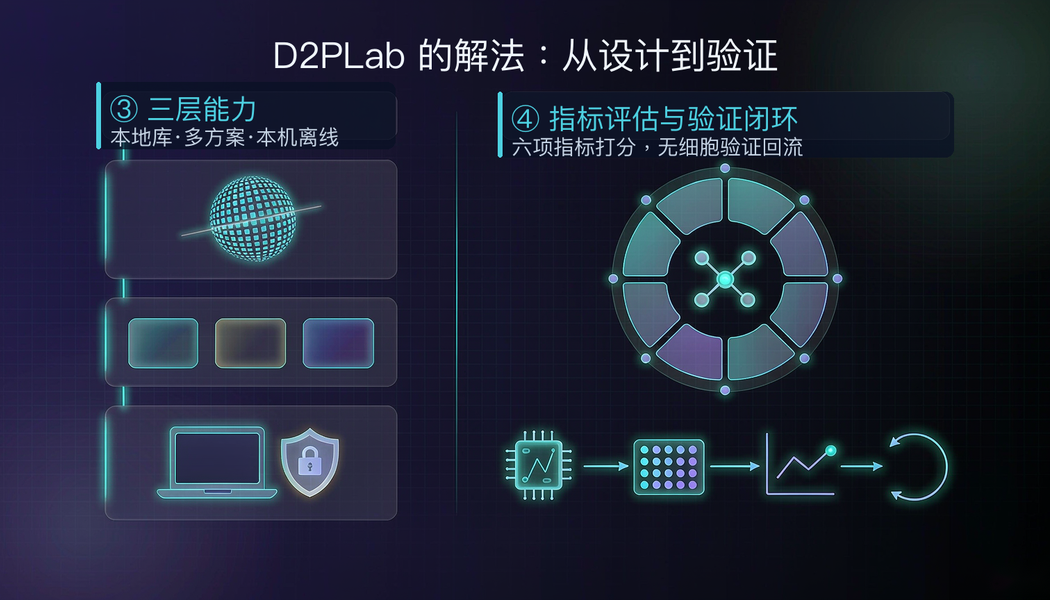 D2PLab three capabilities and the metrics-to-validation loop